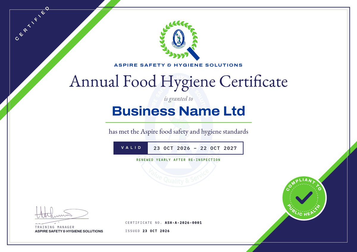 Aspire Annual Food Hygiene Certificate, compliant to public health